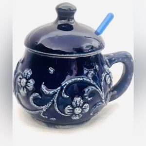 VTG COBALT BLUE Ceramic Sugar Jar w/ Spoon W. Germany Pottery 9012 Floral Relief